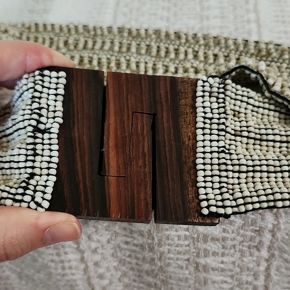 Womens belt, wooden latch design, seed bead with shell design, stretch belt boho